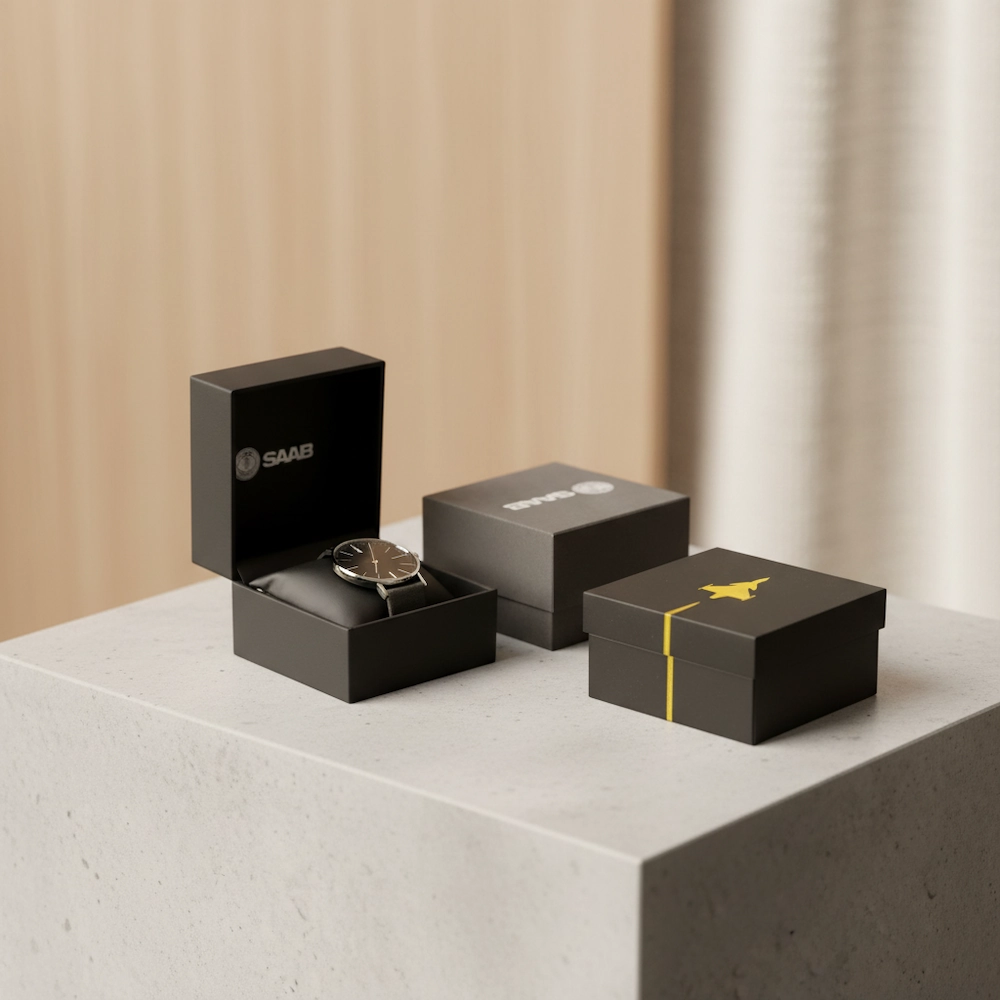 SAAB-m&auml;rkta presentaskar med ett armbandsur.
